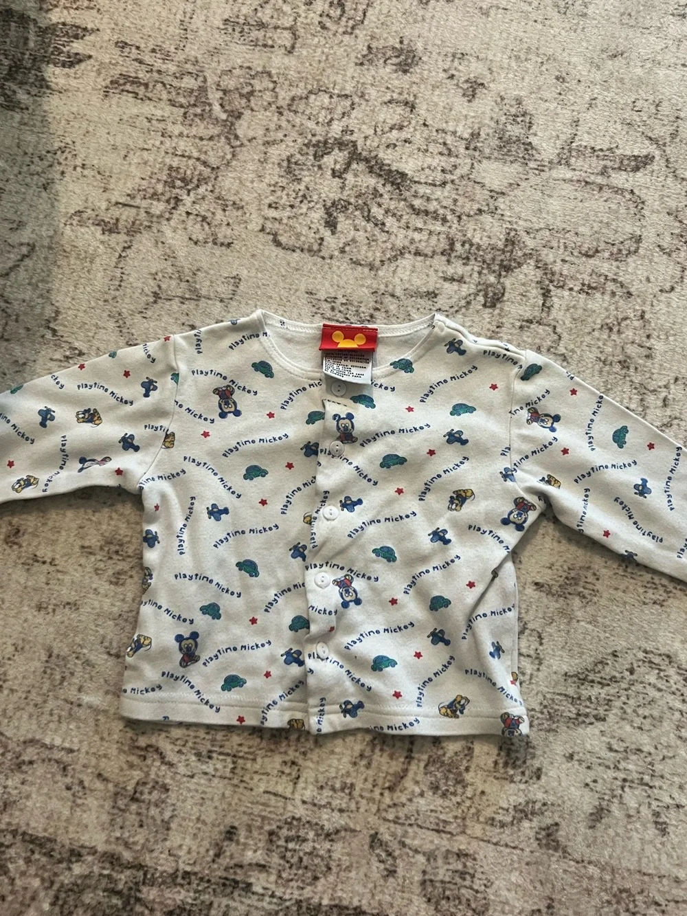 Vintage Disney Baby Mickey Button-Up Cardigan in White with Blue Prints